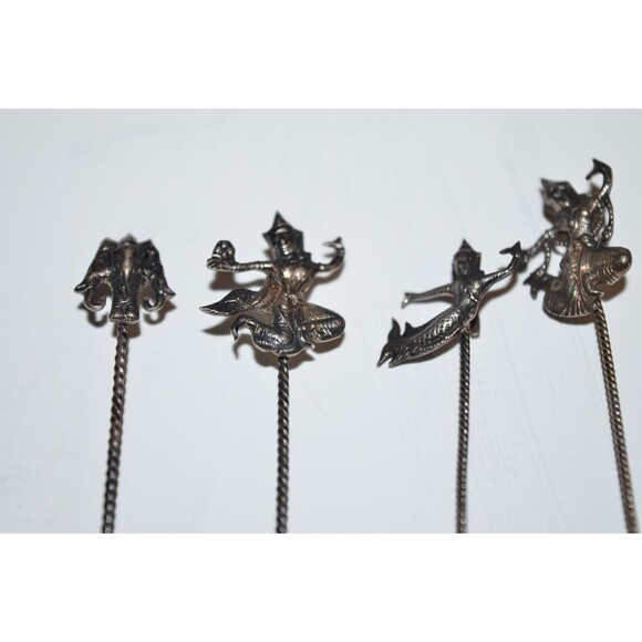 Vtg Silvertone Cocktail Picks Asian Oriental Appetizer Siam Dancer Medieval 12pc - Picture 2 of 10